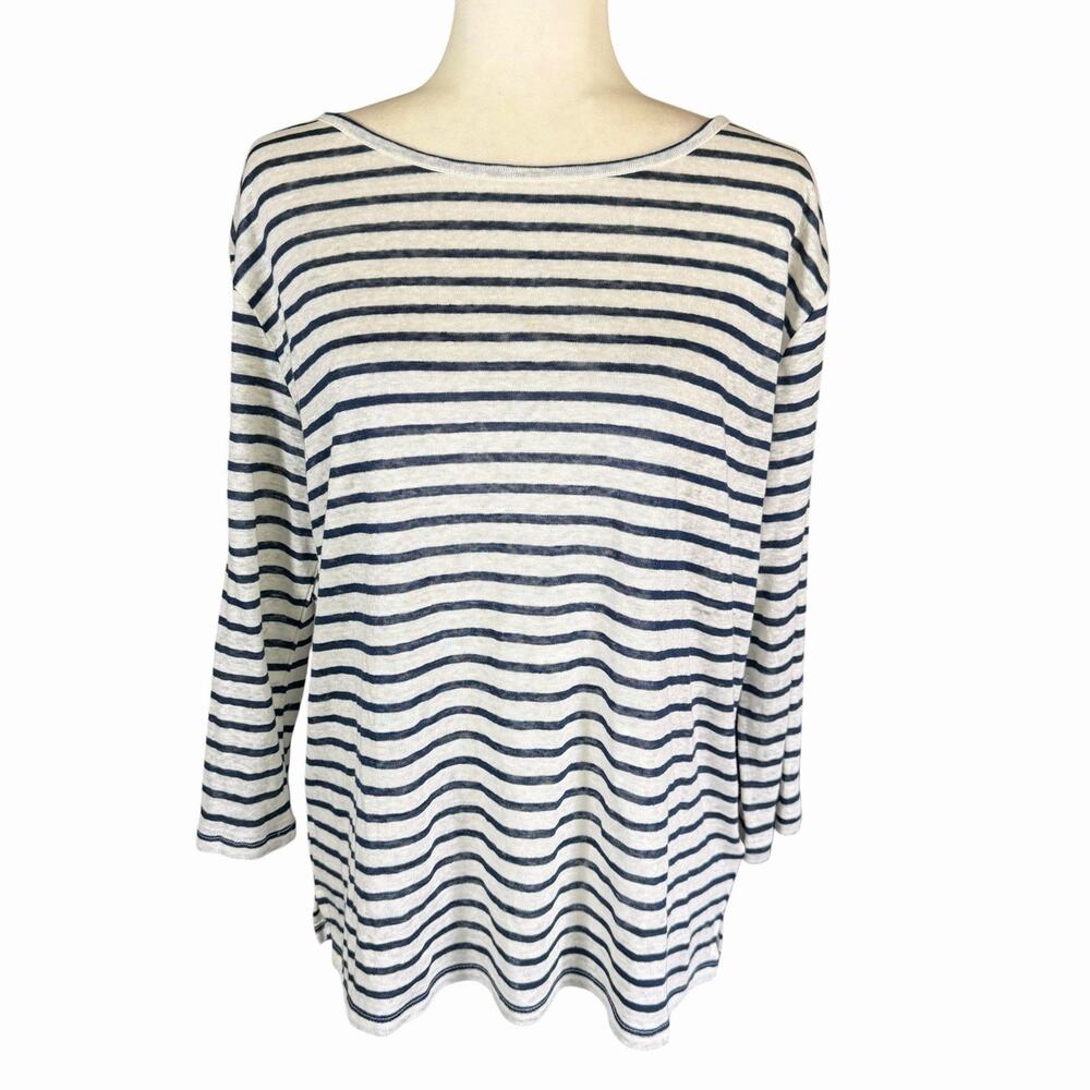 Joe Fresh Womens 100% Linen Top L Breton Striped White Fishermancore Sailorchic